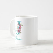 Jの文字のティール+ピンクの花柄 コーヒーマグカップ (正面左)