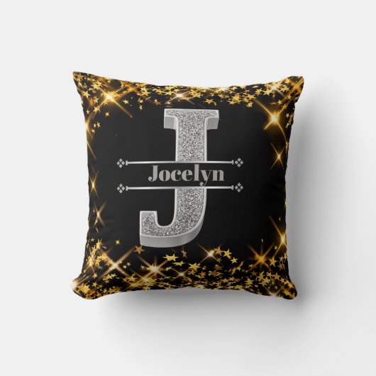 Jイニシャルパーソナライズされたシルバーモノグラムあなたの名前 クッション (正面)