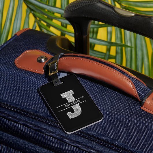 Jイニシャルパーソナライズされたシルバーモノグラムあなたの名前 ラゲッジタグ (正面インサイチュ1)