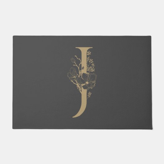 Jボホエレガントフローラモノグラムイニシャルグレー金ゴールド ドアマット (正面)