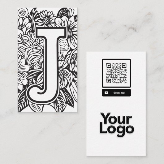 J白黒モノグラムのフローラQRコードロゴ 名刺 (正面/裏面)
