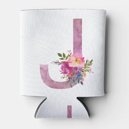 J,フローラモノグラムイニシャル，水彩花 缶クーラー (正面)