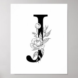 J botanical monogram. Letter initial with peonies ポスター