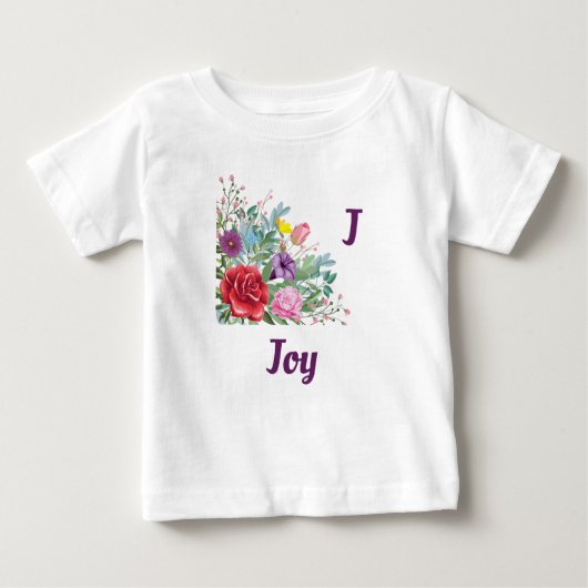 J Joyパーソナライズされたレター名，バラ花 ベビーTシャツ (正面)