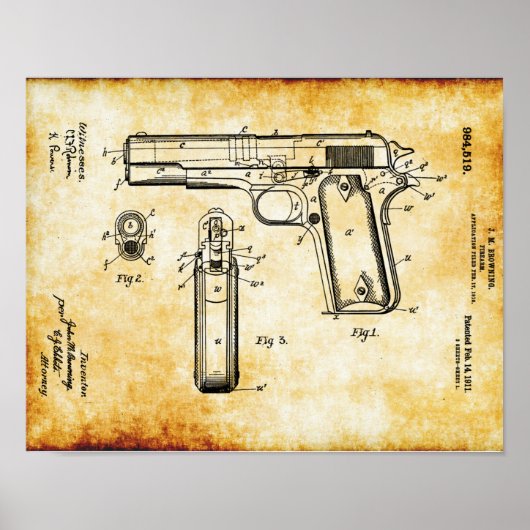 J.M ブラウニング M1911 ピストル 特許ポスター ポスター (正面)