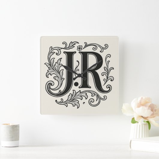 J.R Initials with Decor スクエア壁時計 (ホーム)