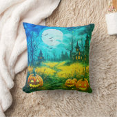 Jack-O'ランタンと不気味な家ムーンハロウィン クッション (ブランケット)