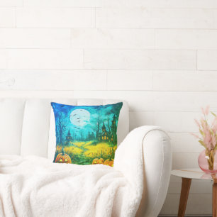 Jack-O'ランタンと不気味な家ムーンハロウィン クッション