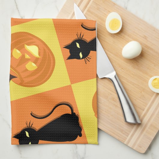 Jack-o’-lantern and cat kitchen towel. キッチンタオル (四つ折り)