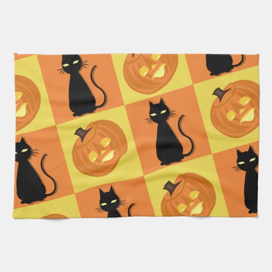 Jack-o’-lantern and cat kitchen towel. キッチンタオル (横)