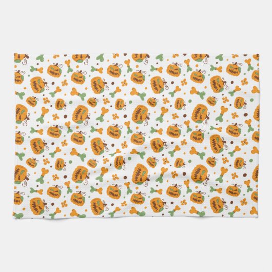 Jack-o-Lantern & Bones Spooky Halloween  キッチンタオル (横)