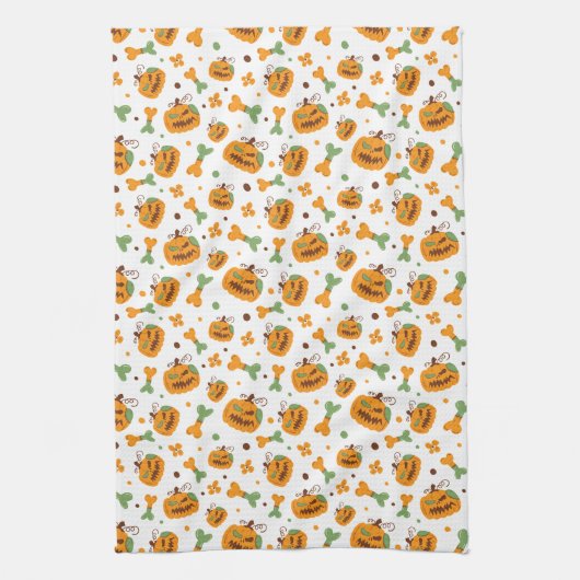 Jack-o-Lantern & Bones Spooky Halloween  キッチンタオル (縦)