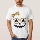 Jack O Lantern Face Pumpkin Halloween Leopard Prin Tシャツ (正面)