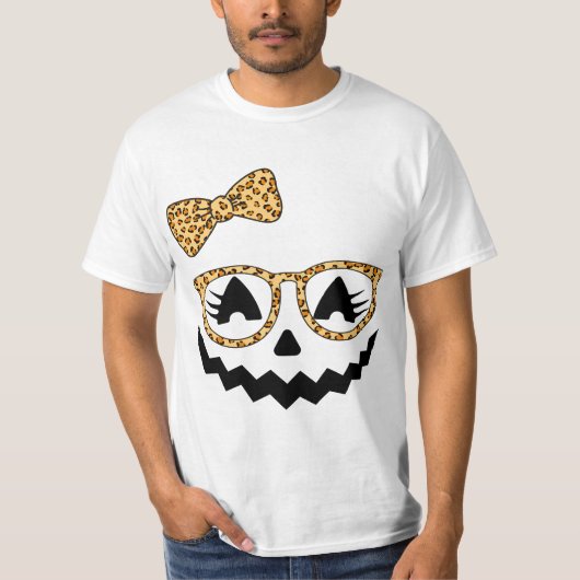 Jack O Lantern Face Pumpkin Halloween Leopard Prin Tシャツ (正面)