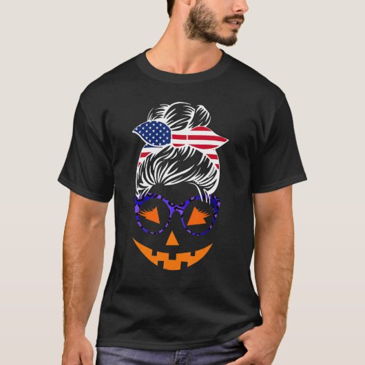 Jack O Lantern Face Pumpkin Halloween Messy Bun Tシャツ (正面)