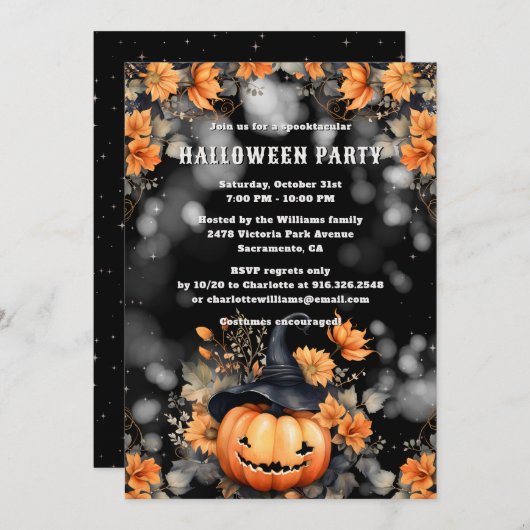 Jack O’Lantern Floral Halloween Party 招待状 (正面/裏面)