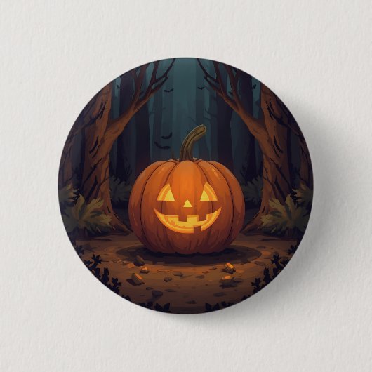 Jack O' Lantern Glowing In The Forest 缶バッジ (正面)