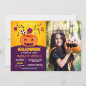Jack-O-Lantern Kids写真ハロウィーン誕生日パーティー 招待状 (正面)