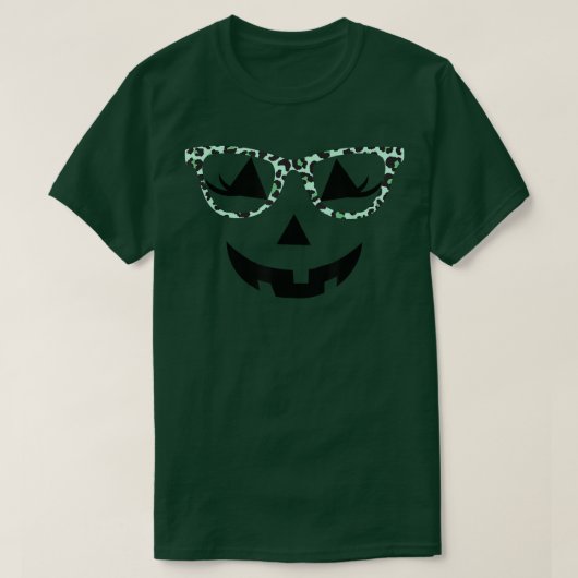 Jack o Lantern Women Face Leopard Glasses Hallowee Tシャツ (デザイン正面)