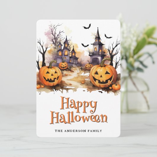 Jack O'Lanterns Bats Graveyard Halloween Card シーズンカード (スタンド正面)
