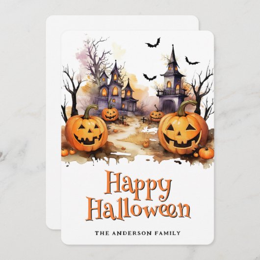 Jack O'Lanterns Bats Graveyard Halloween Card シーズンカード (正面/裏面)