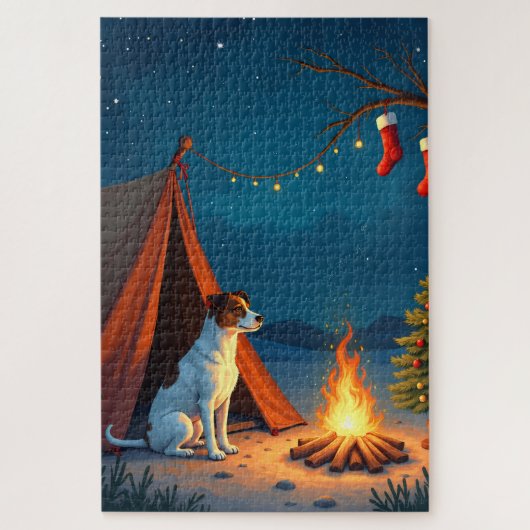 Jack Russell Christmas Camping Night Painting ジグソーパズル (縦)
