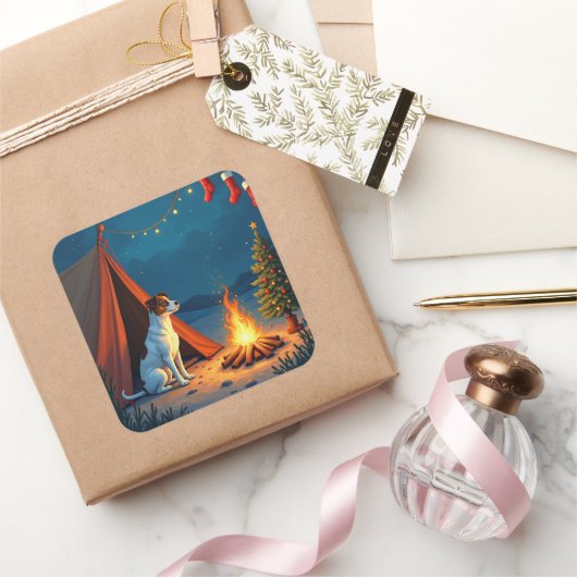 Jack Russell Christmas Camping Night Painting スクエアシール (ギフト)