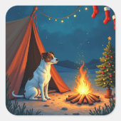 Jack Russell Christmas Camping Night Painting スクエアシール (正面)