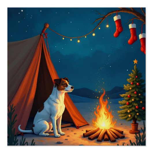 Jack Russell Christmas Camping Night Painting ポスター (正面)