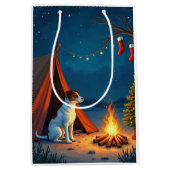 Jack Russell Christmas Camping Night Painting ミディアムペーパーバッグ (正面)