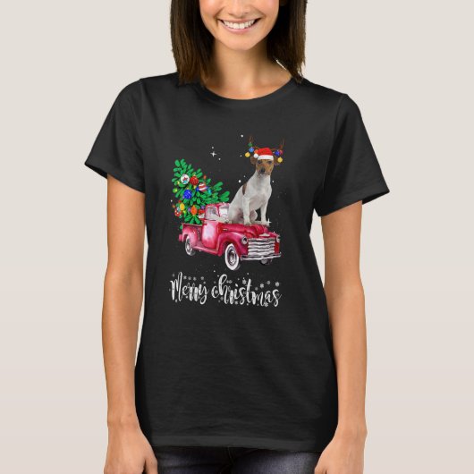Jack Russell Christmas Ride Red Truck Tシャツ (正面)