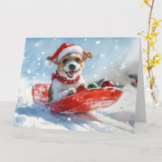 Jack Russell Dog in Sledge Let it Snow Christmas カード (黄色い花)