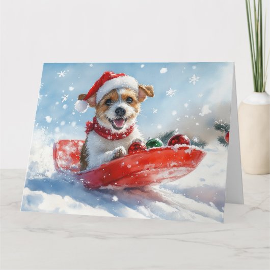 Jack Russell Dog in Sledge Let it Snow Christmas カード (正面)