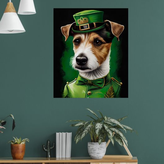 Jack Russell Dog in St. Patrick's Day Dress ポスター (リビング1)