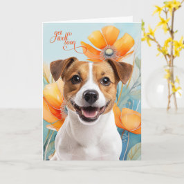 Jack Russell Dog Orange Poppy Flowers Get Well カード