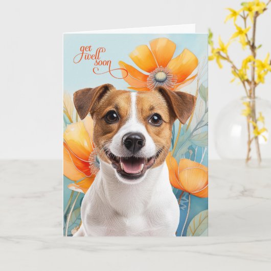 Jack Russell Dog Orange Poppy Flowers Get Well カード (黄色い花)