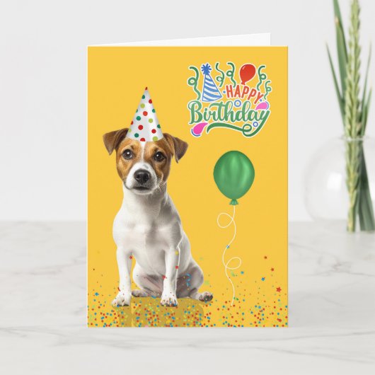 Jack Russell Dog Party Hat Yellow Birthday カード (正面)