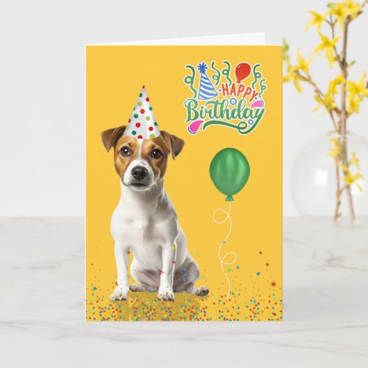 Jack Russell Dog Party Hat Yellow Birthday カード (黄色い花)