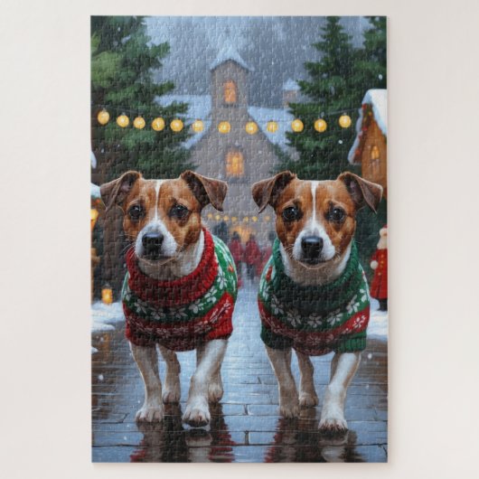 Jack Russell Dogs Christmas Snow Holiday ジグソーパズル (縦)