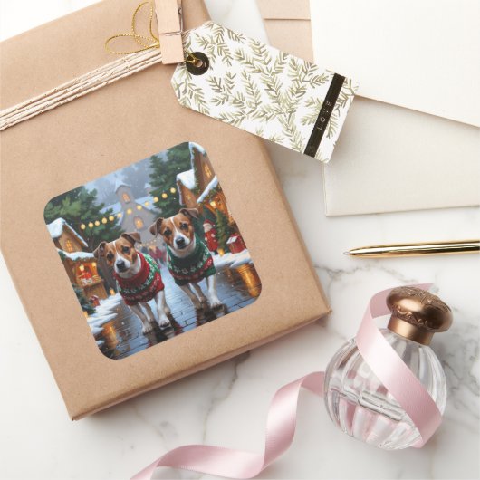 Jack Russell Dogs Christmas Snow Holiday スクエアシール (ギフト)