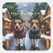 Jack Russell Dogs Christmas Snow Holiday スクエアシール (正面)