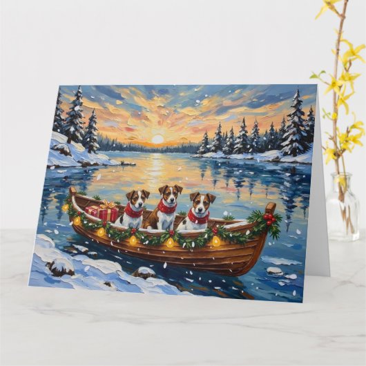 Jack Russell Terrier Christmas Boat Holiday カード (黄色い花)