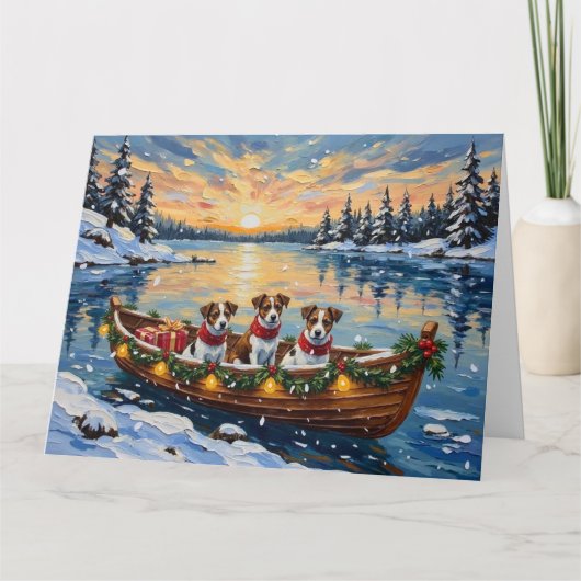 Jack Russell Terrier Christmas Boat Holiday カード (正面)
