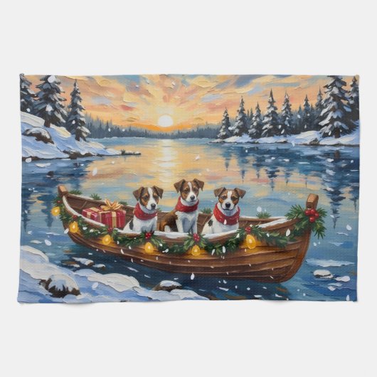 Jack Russell Terrier Christmas Boat Holiday キッチンタオル (横)