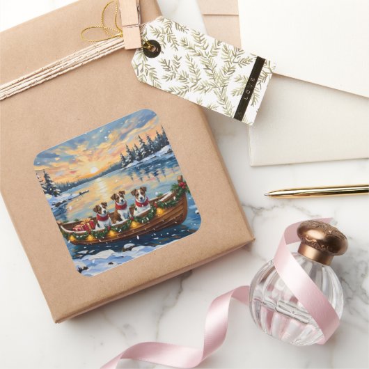 Jack Russell Terrier Christmas Boat Holiday スクエアシール (ギフト)