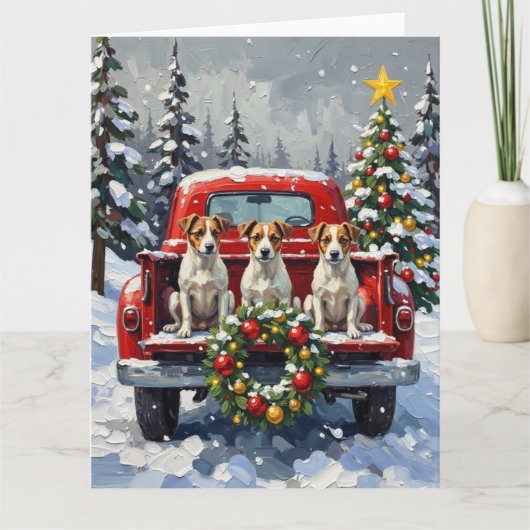 Jack Russell Terrier Christmas Red Truck Holiday カード (正面)