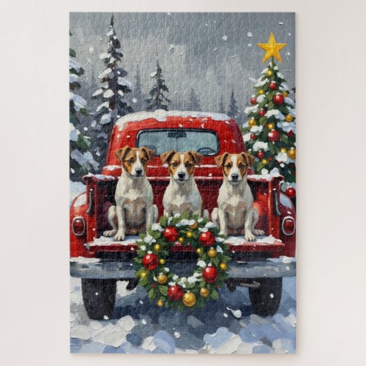 Jack Russell Terrier Christmas Red Truck Holiday ジグソーパズル (縦)