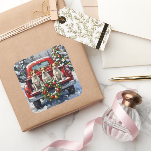 Jack Russell Terrier Christmas Red Truck Holiday スクエアシール (ギフト)