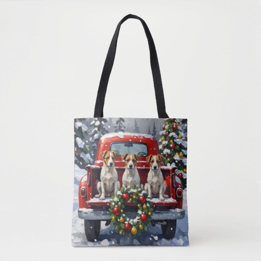 Jack Russell Terrier Christmas Red Truck Holiday トートバッグ (正面)