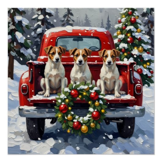 Jack Russell Terrier Christmas Red Truck Holiday ポスター (正面)
